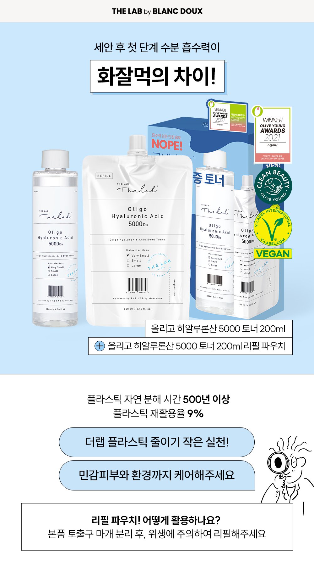더랩바이블랑두 올리고 히알루론산 5000토너 200ml+200ml 리필기획 더랩바이블랑두 올리고 히알루론산 5000토너 200ml+200ml 리필기획